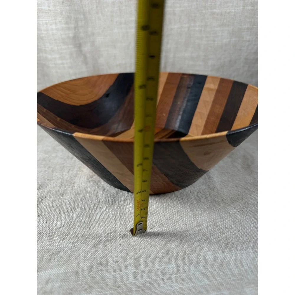 Wooden Striped Bowl Good Vintage Handcrafted Mixed Wood Inlay Geometric 9.5in